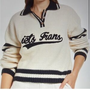 Iets Frans Cream Preppy Varsity Knit Monogrammed Collared Sweater Women Size XS